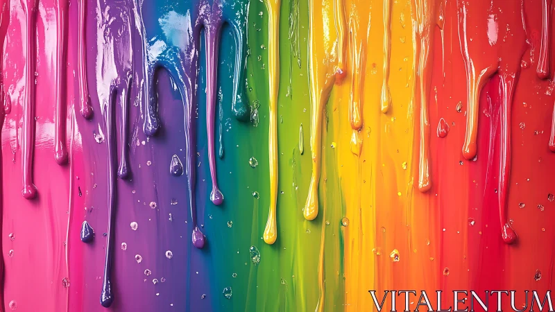 Vertical drips of multicolored glossy paint on surface.