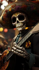 Photorealistic calavera guitarist in ornate festival attire.
