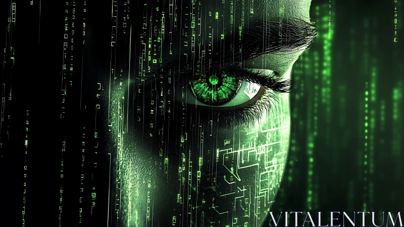 Cybernetic green eye watches cascading digital code in silence