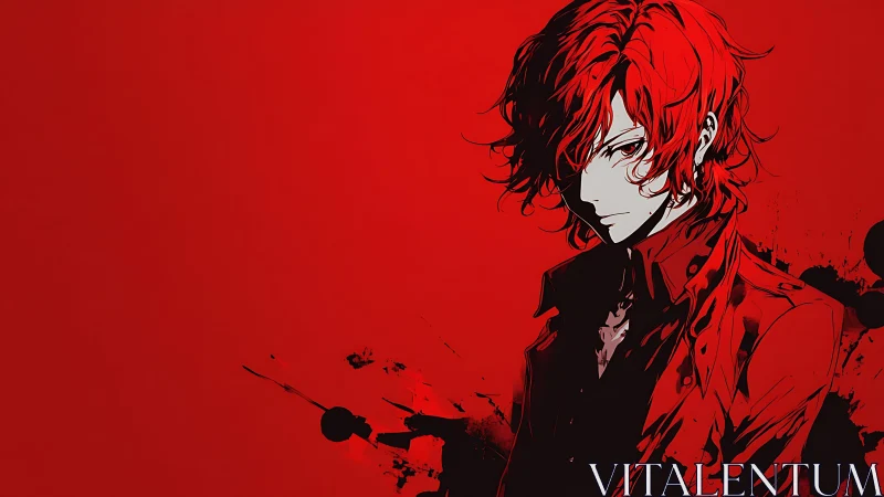 Scarlet‑haired anime loner framed by stark red void.