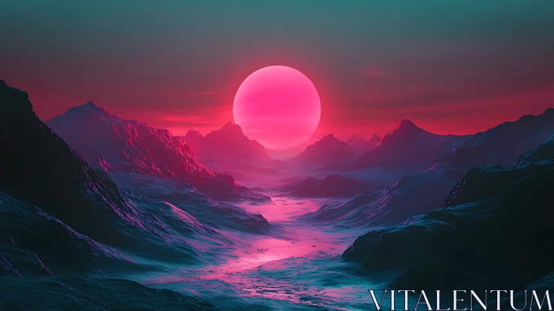 Neon-tinted exoplanet valley under oversized synthetic sun.