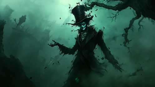 Eerie skeletal gentleman strolling through misty ruins.