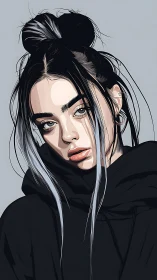 Moody digital portrait of a young woman in dark hoodie.