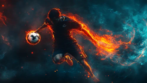 Soccer player in fiery motion against cool smoky backdrop.