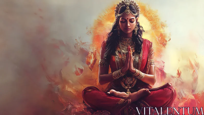 Ornate meditative deity rendered with warm radial light aura