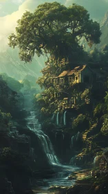 Ancient tree village crowns waterfall cliffs in misty valley