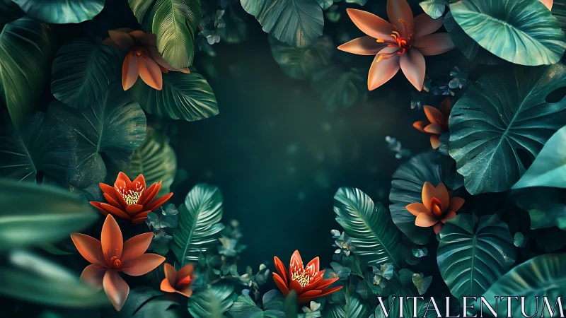 Radial tropical foliage frame with luminous scarlet blossoms.