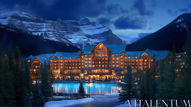 Mountain resort hotel at dusk with illuminated lakeside facade.