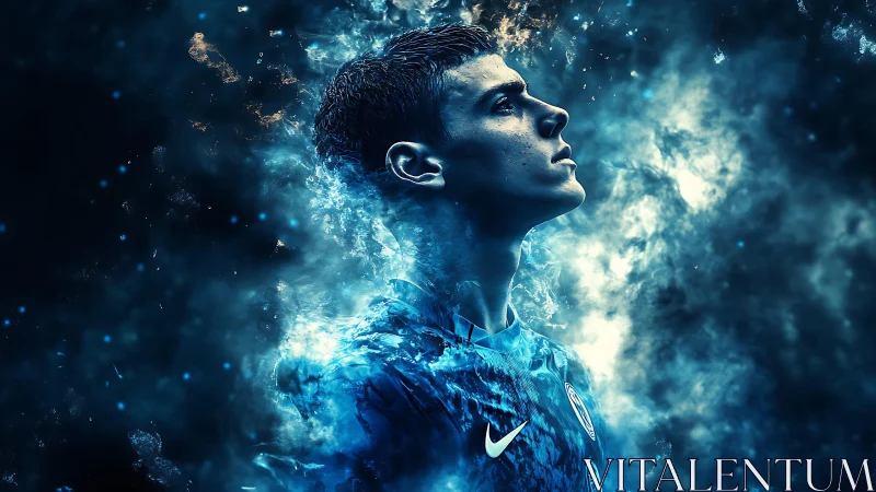 Electric blue dream of a focused football prodigy in motion.