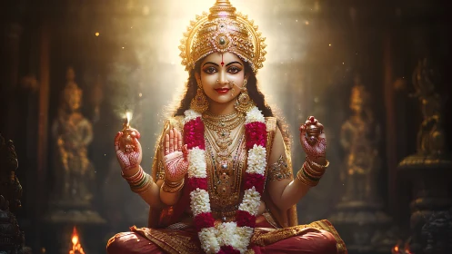 Digital rendering of Hindu goddess figure in temple interior.