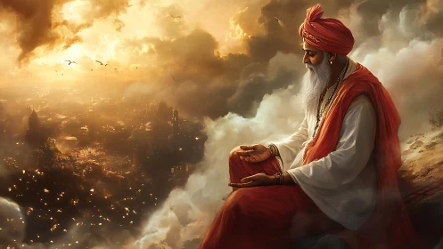 Elder mystic in red robes meditates above sunlit cloud cityscape