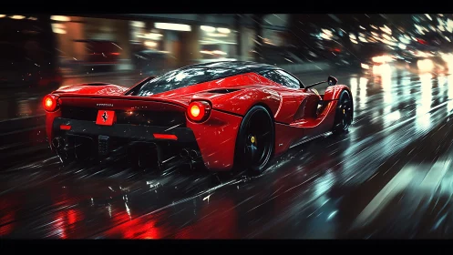 Scarlet hypercar slices through neon rain and city glare.