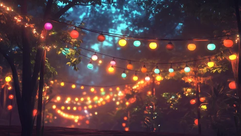 Lantern strings drift like glowing constellations in the forest night