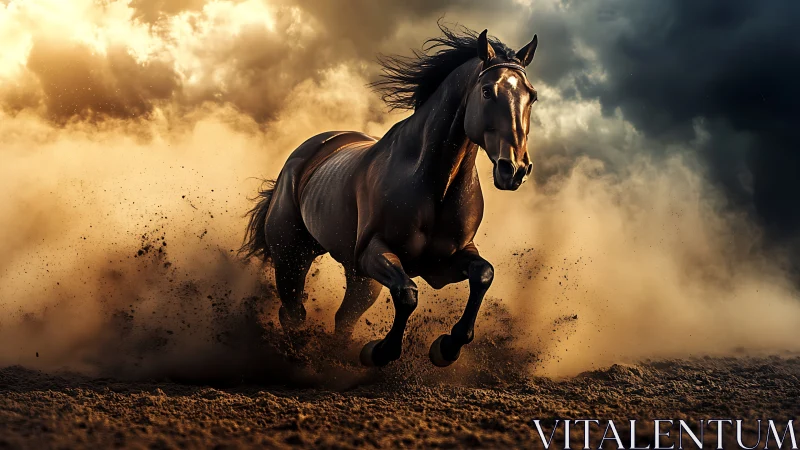 Dynamic equine sprint through turbulent atmospheric dust field.