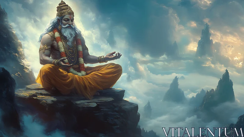 Serene mountain sage quietly meditates above drifting clouds