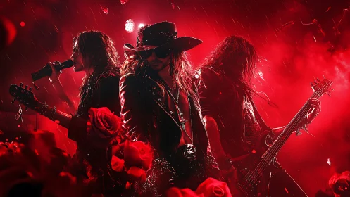 Crimson storm rock band bathed in roses and stage fire.