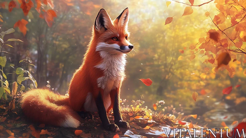 Radiant red fox resting in softly glowing autumn forest.
