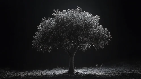 Solitary illuminated tree stands in dramatic moonlit darkness.