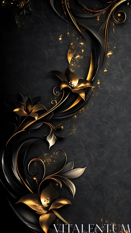 Black background with metallic gold floral corner border.