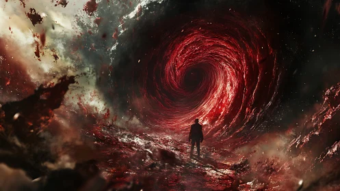 Lone figure stands before swirling red cosmic vortex