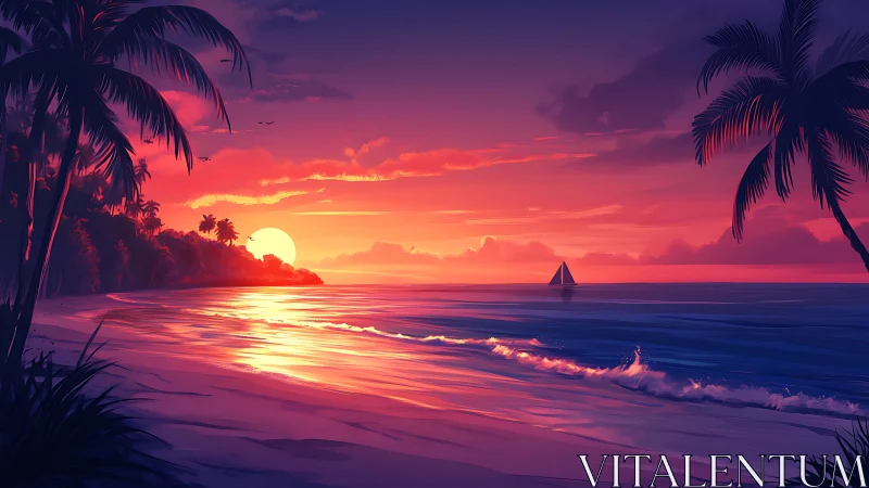 Vibrant tropical sunset beach with palm silhouettes and sailboat.
