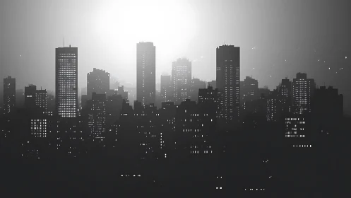 Monochrome high-rise skyline is lit by a central backlight