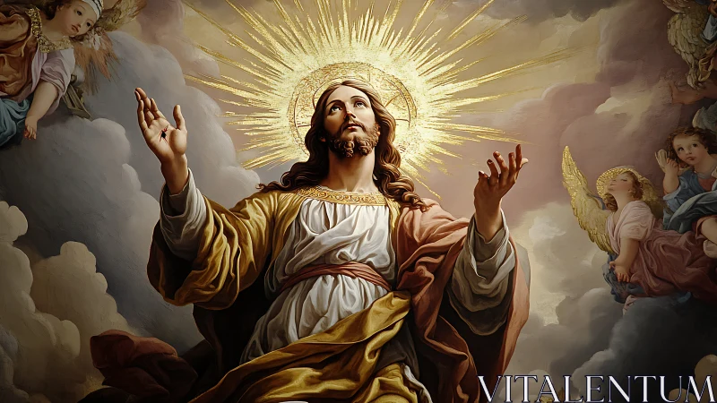 Radiant ascension tableau with haloed central messianic figure.