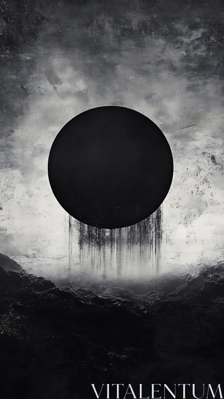 Central black circle intersects textured monochrome field