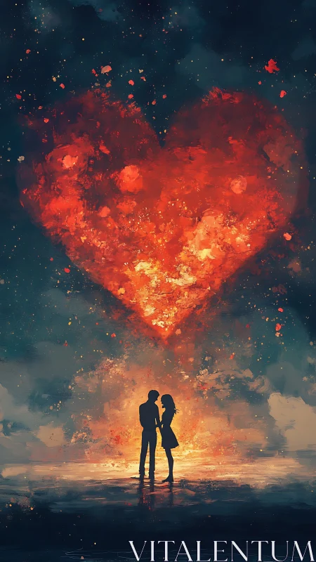 Couple Under Burning Heart Sky at Sunset.
