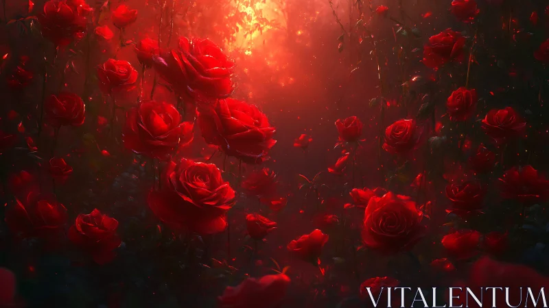 Illuminated Red Roses in Darkened Floral Scene.