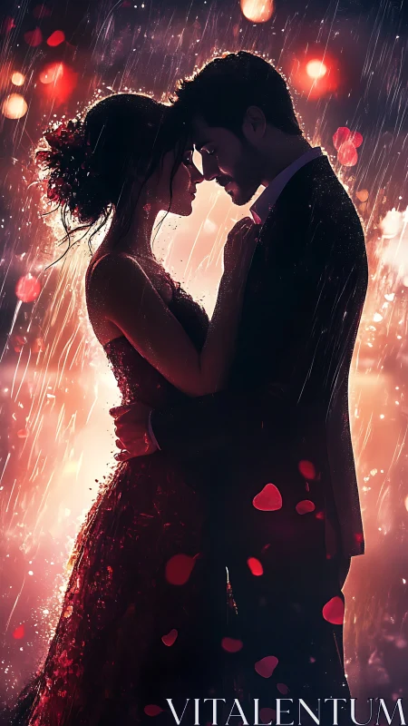 Romantic Silhouette Dancing in Rain with Glowing Hearts