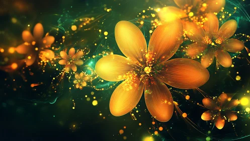 Glowing orange digital flowers on dark abstract background.