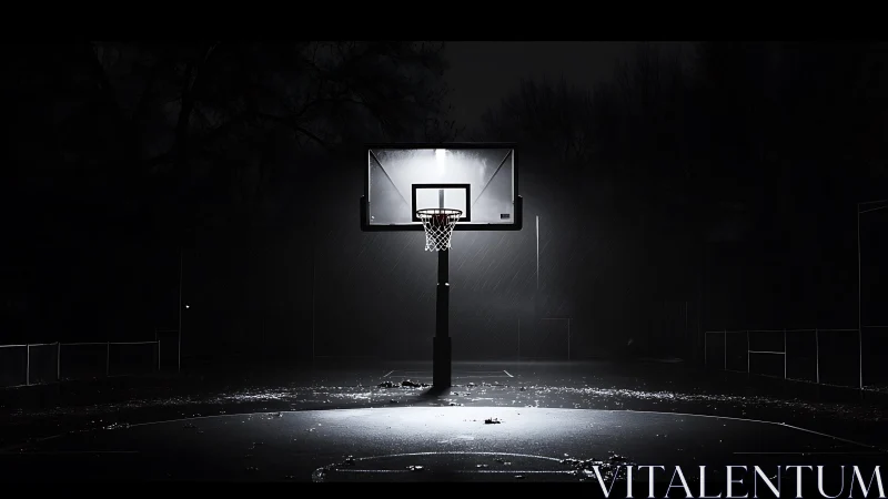 Lonely street basketball hoop under stark rainlit spotlight.