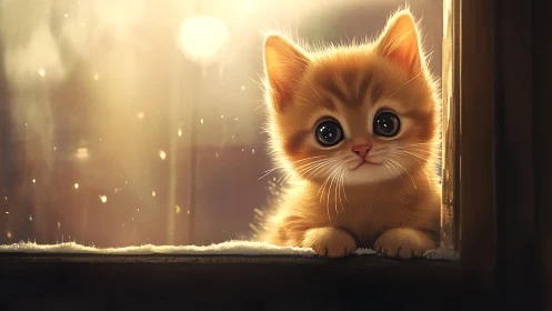 Golden kitten bathed in warm ethereal light through window.