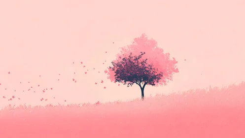 Gentle pink hillside holding a quiet blossom tree in bloom.