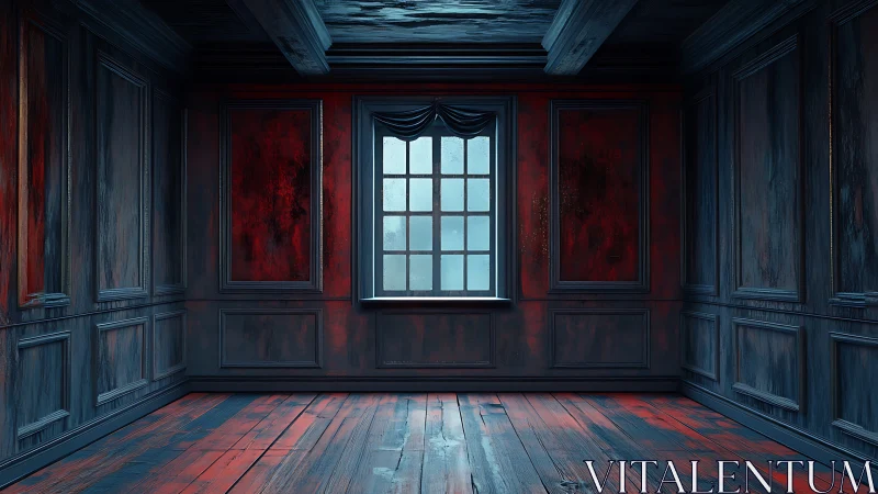 Crimson chamber of whispers around a lone frosted window.