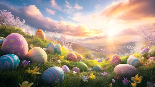 Painted springtime eggs bask beneath a storybook sunrise