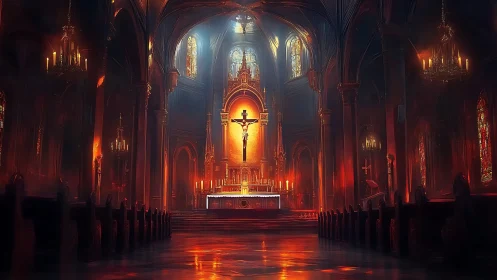 Gothic cathedral nave interior with crucifix altar lighting