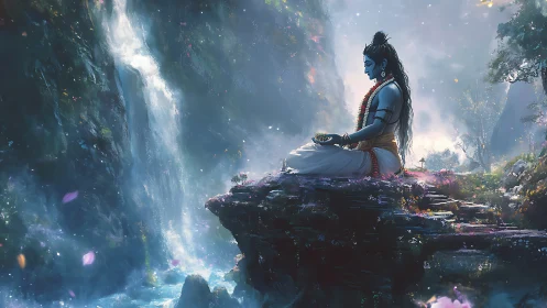 Blue-skinned figure meditates on cliff beside tall waterfall