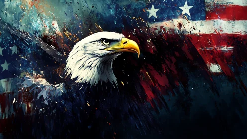 Bold eagle portrait bursting through abstract US flag canvas.