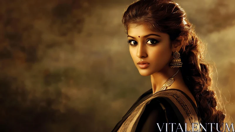 Graceful woman in traditional saree glows in warm light