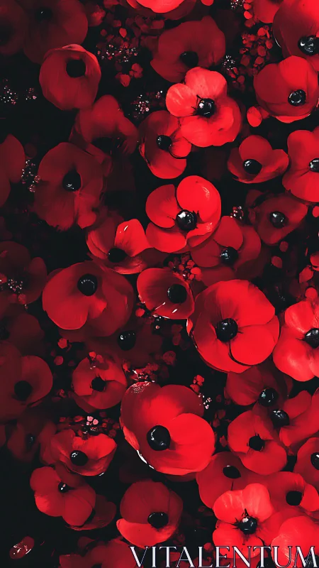 Red poppies displayed against dark background with varied bloom stages.