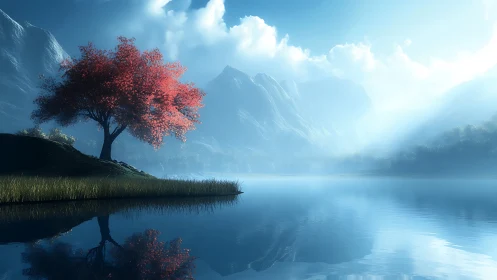 Crimson lakeside tree under soft blue alpine sunrise glow.