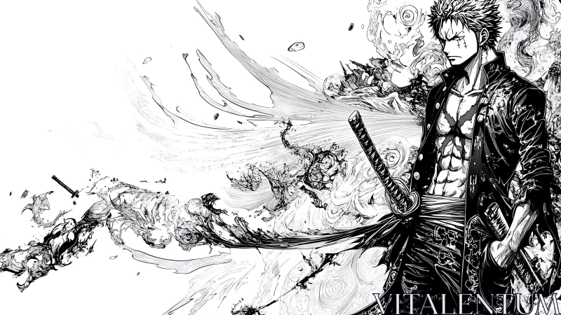 Sword-wielding warrior unleashes swirling ink energy burst