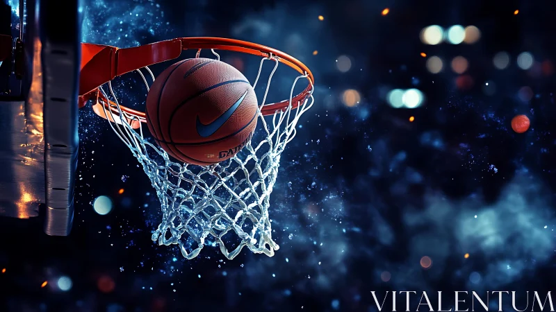 Dynamic basketball swish under stadium night lights.