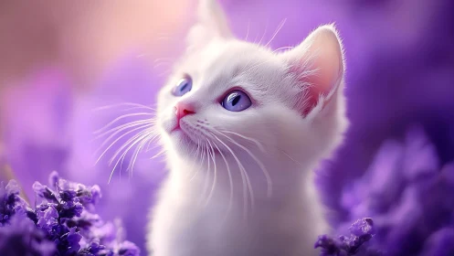 White Cat with Violet Eyes Against Purple Floral Backdrop