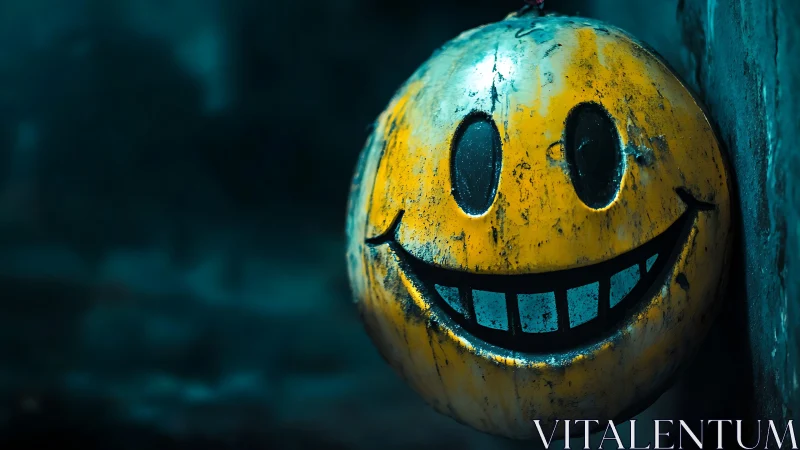 Grinning rusted smiley lamp glows against urban shadows.