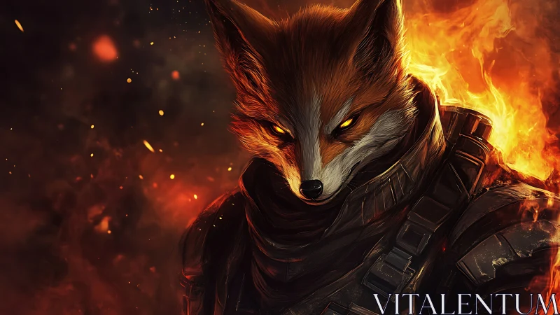 Armored vulpine warrior with glowing eyes in fiery inferno