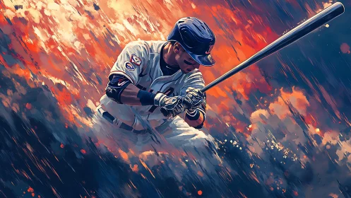 Blazing diamond slugger carves fire through painted skies.