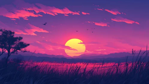 Digital landscape of sun over distant hills and wetlands.